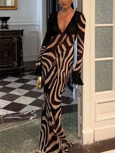 V-Neck Zebra Print Party Dress