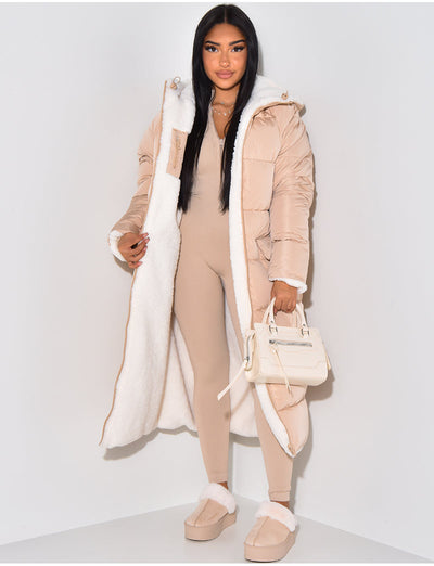 Long Puffer Coat with Fleece Lining and Hood