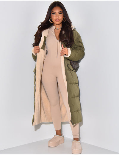 Long Puffer Coat with Fleece Lining and Hood