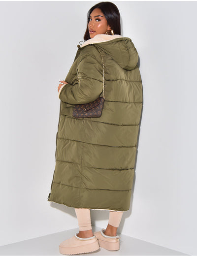 Long Puffer Coat with Fleece Lining and Hood