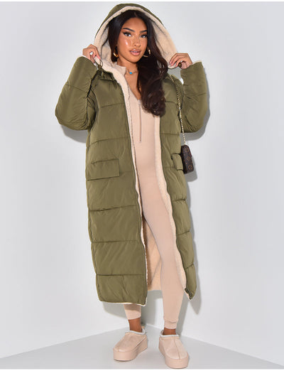 Long Puffer Coat with Fleece Lining and Hood