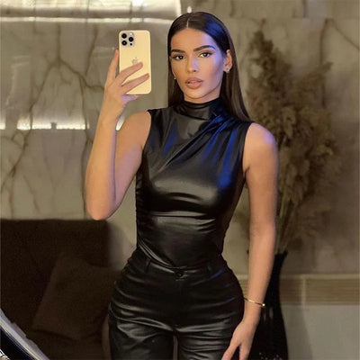 Trendy Black Leather Sleeveless Top