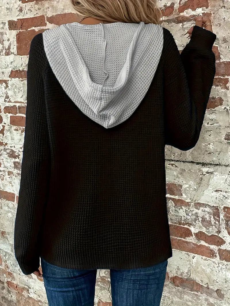 Snezhana - Long Sleeve Button Front Drawstring Hoodie