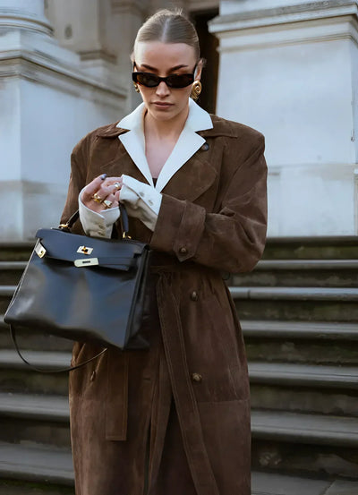 Vintage Style Suede Wrap Trench Coat